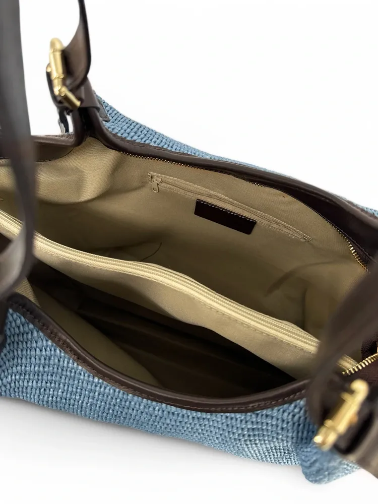 Sac cabas en cuir grainé et raphia IMPERIA Bleu denim