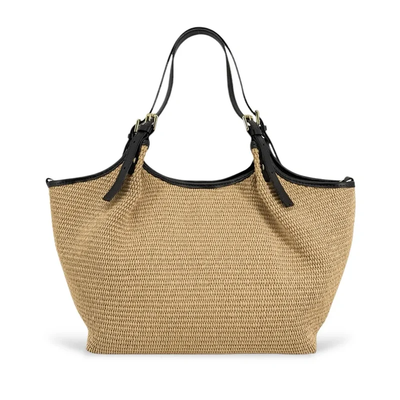 Sac cabas en cuir grainé et raphia IMPERIA Beige crème