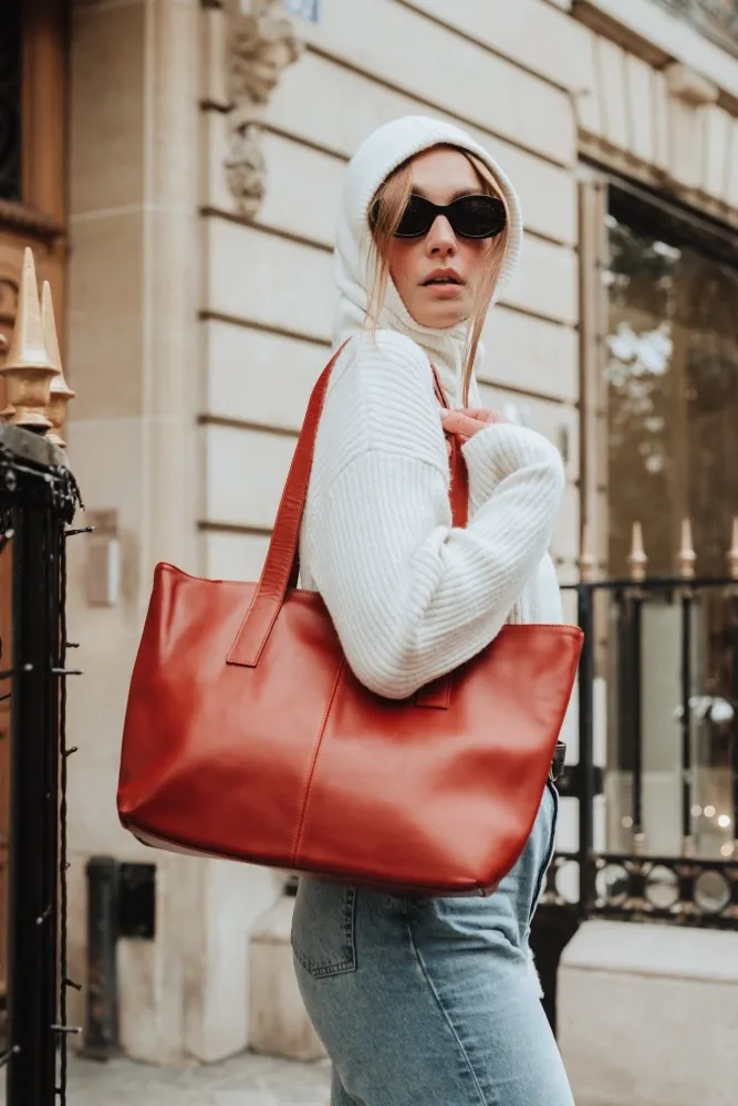 Sac cabas en cuir lisse TESS Rouge brique