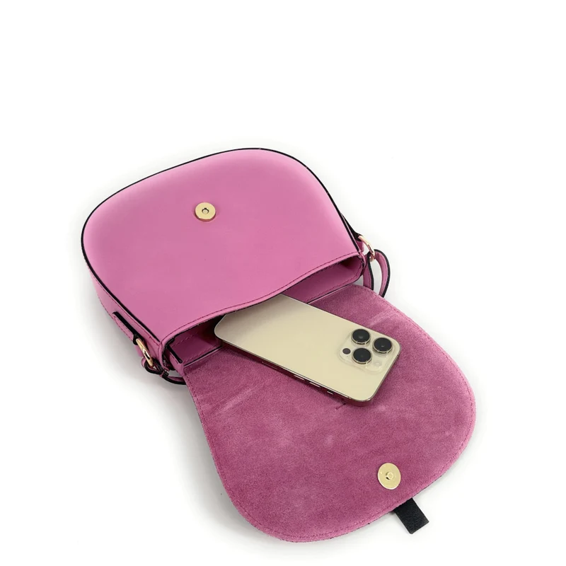 Mini-sac besace en cuir lisse et daim MODELE H Rose intense