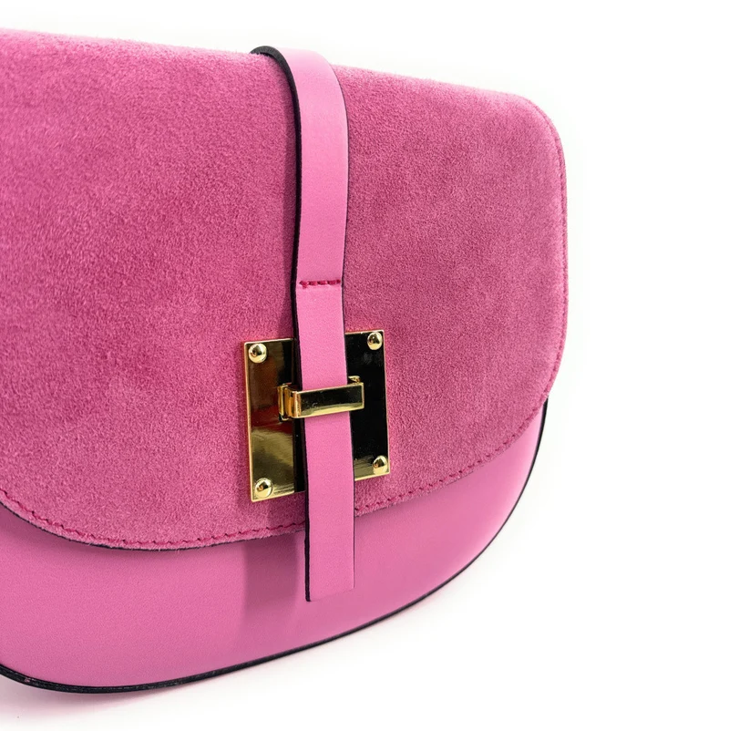 Mini-sac besace en cuir lisse et daim MODELE H Rose intense