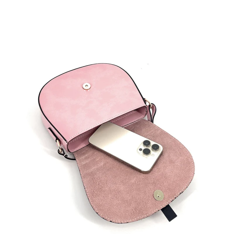 Mini-sac besace en cuir lisse et daim MODELE H Rose bonbon