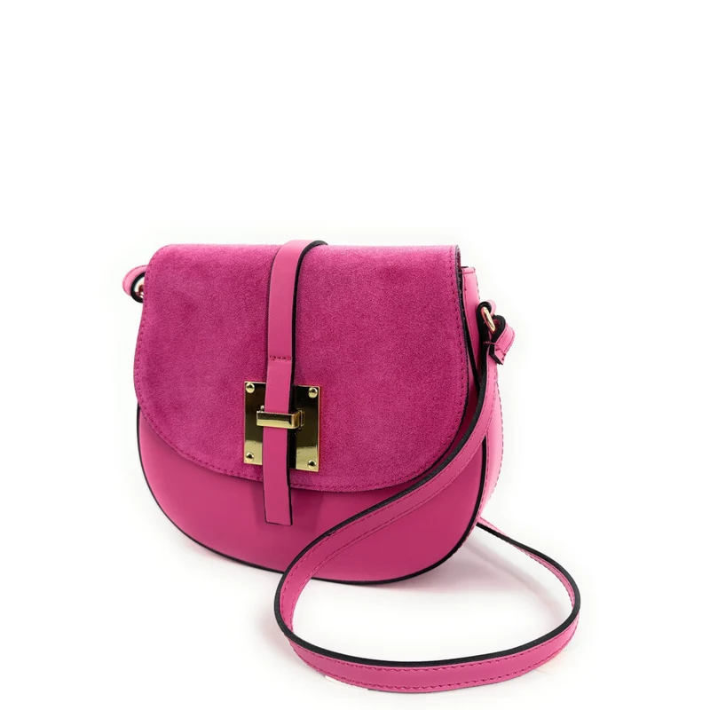 Mini-sac besace en cuir lisse et daim MODELE H Rose fuchsia