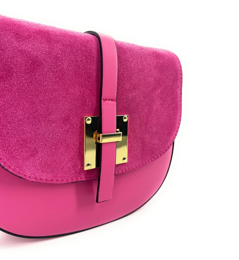 Mini-sac besace en cuir lisse et daim MODELE H Rose fuchsia