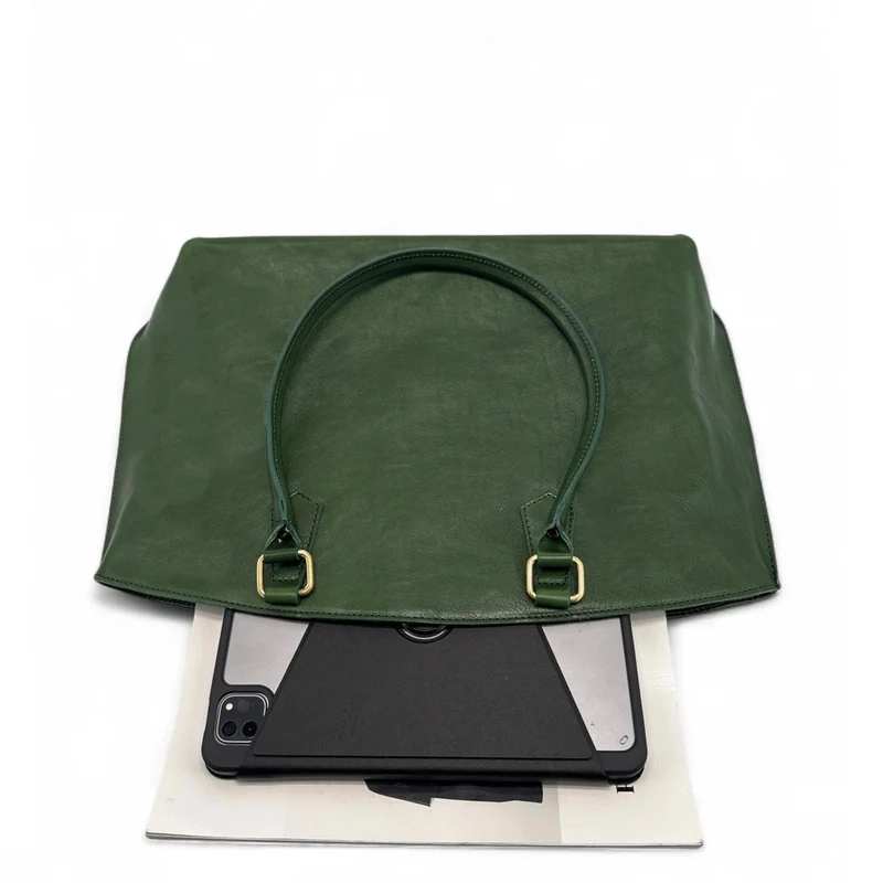 Grand sac cabas en cuir lisse GREENWICH Vert forêt