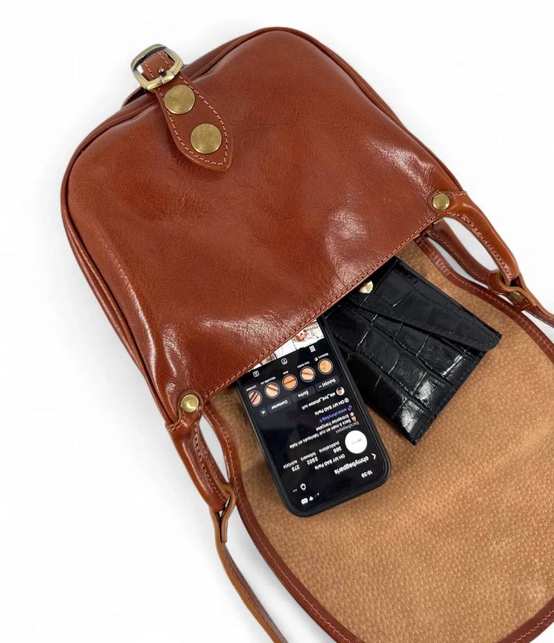 Sac bandoulière en cuir lisse LITTLE VERLAINE Cognac