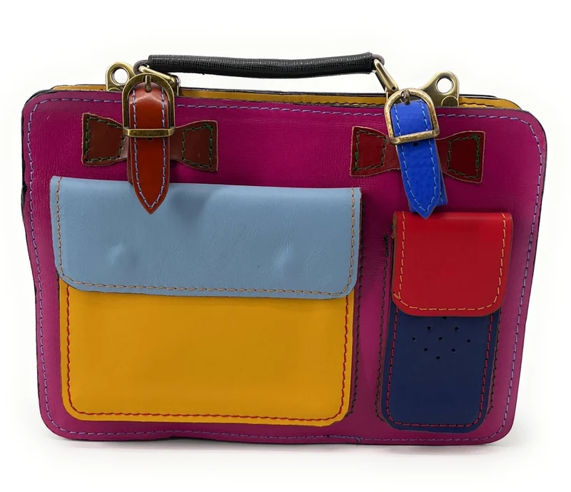 Sac cartable en cuir lisse PICADILLY CIRKUS rose fuchsia multicolore 17