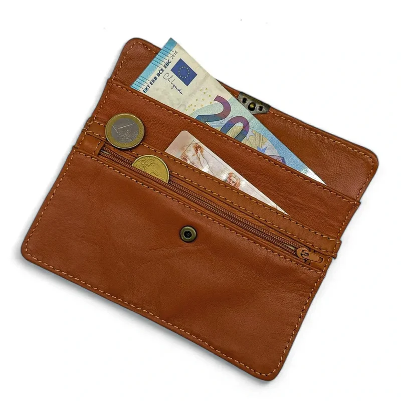 Pochette porte-monnaie en cuir lisse IMPRO Marron cognac foncé