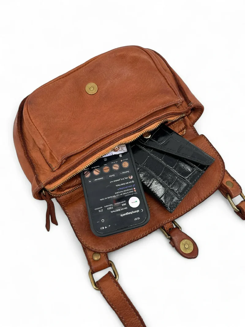 Sac besace en cuir vintage VALLEY Cognac foncé