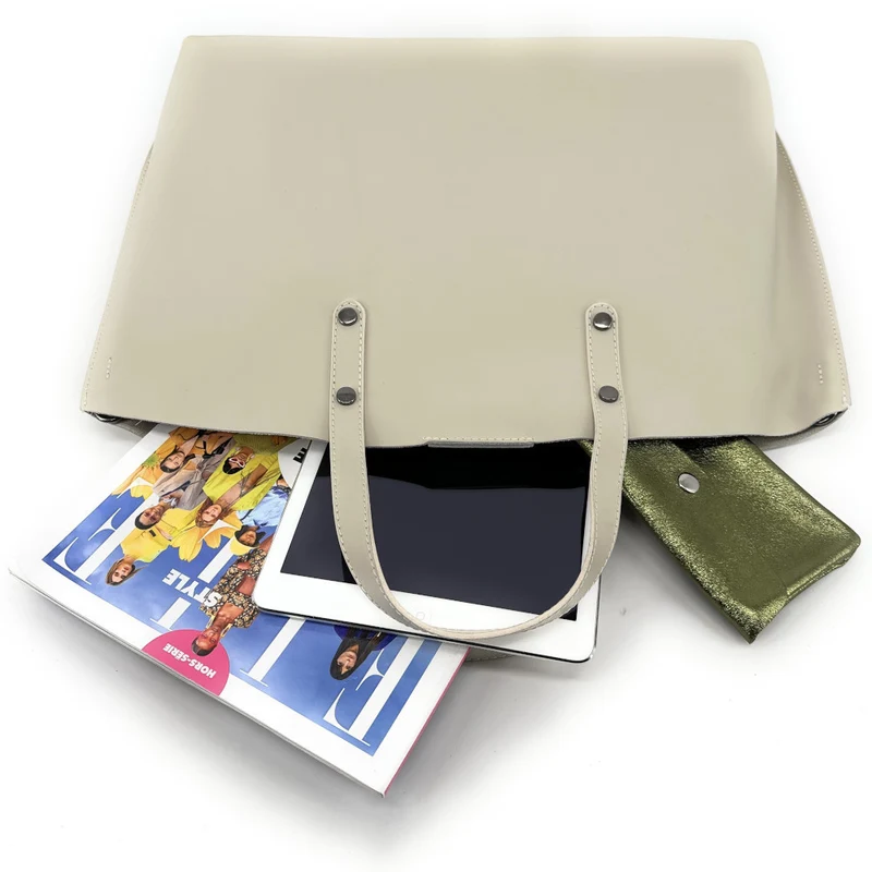 Grand sac à main en cuir glacé CHANTILLY Taupe clair