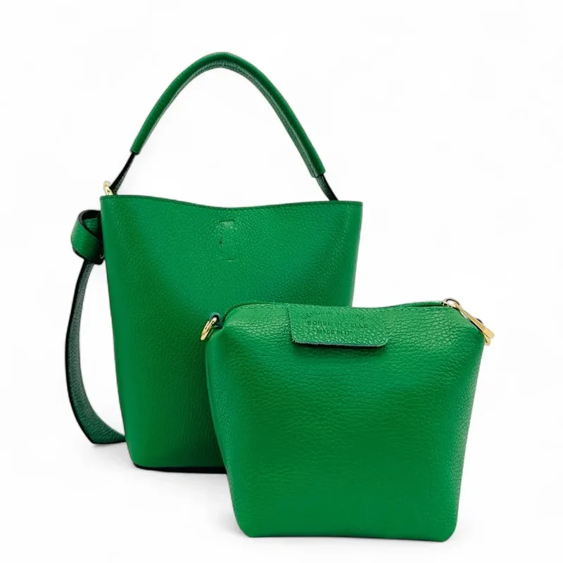 Sac seau et pochette en cuir grainé BIRDIE Vert anglais