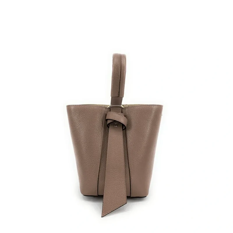 Sac seau et pochette en cuir grainé BIRDIE Taupe foncé