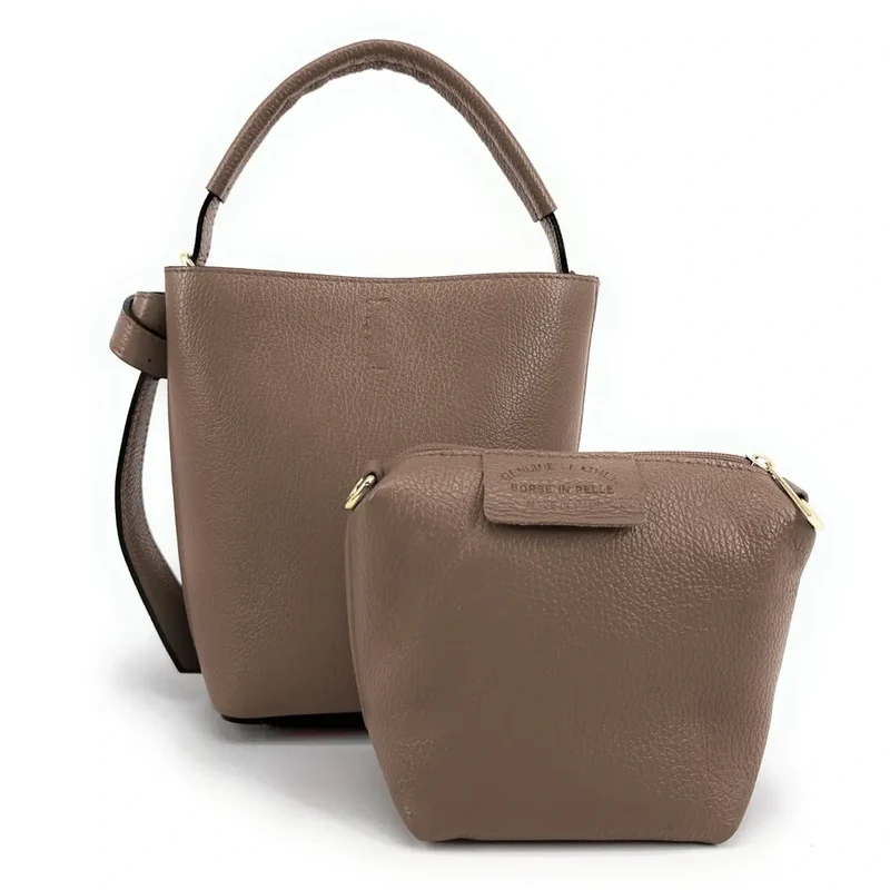 Sac seau et pochette en cuir grainé BIRDIE Taupe foncé