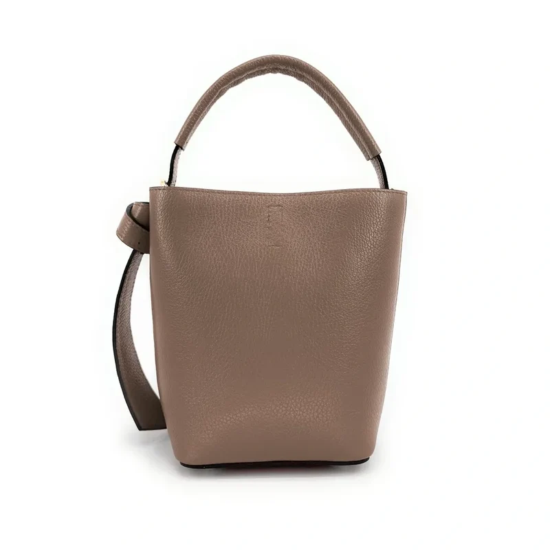 Sac seau et pochette en cuir grainé BIRDIE Taupe foncé