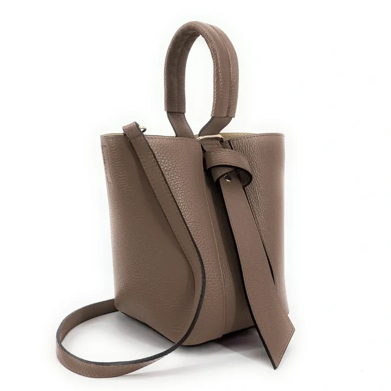 Sac seau et pochette en cuir grainé BIRDIE Taupe foncé