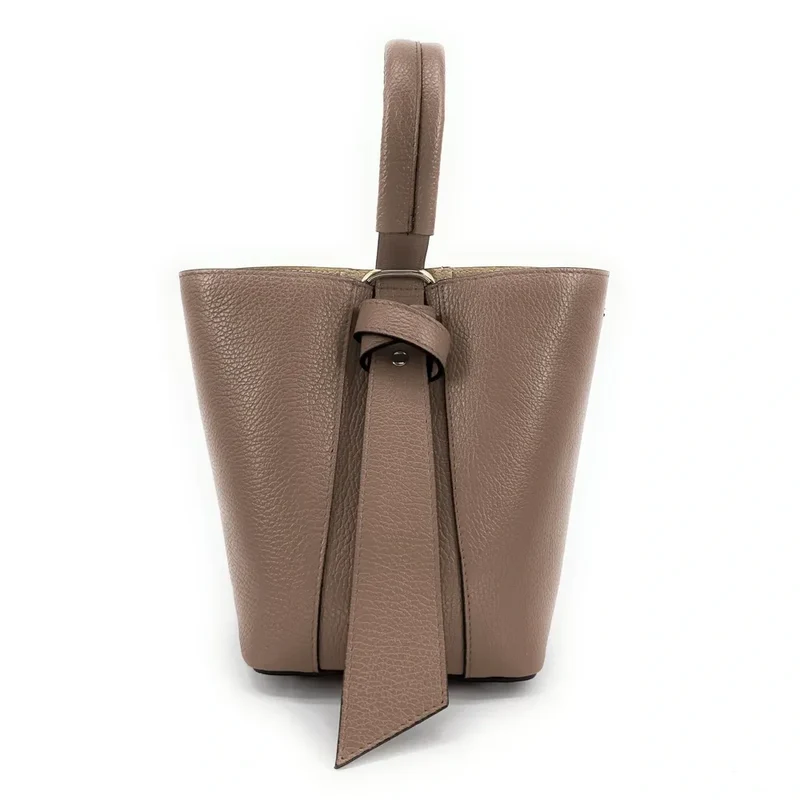 Sac seau et pochette en cuir grainé BIRDIE Taupe foncé