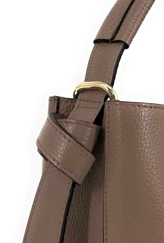Sac seau et pochette en cuir grainé BIRDIE Taupe foncé