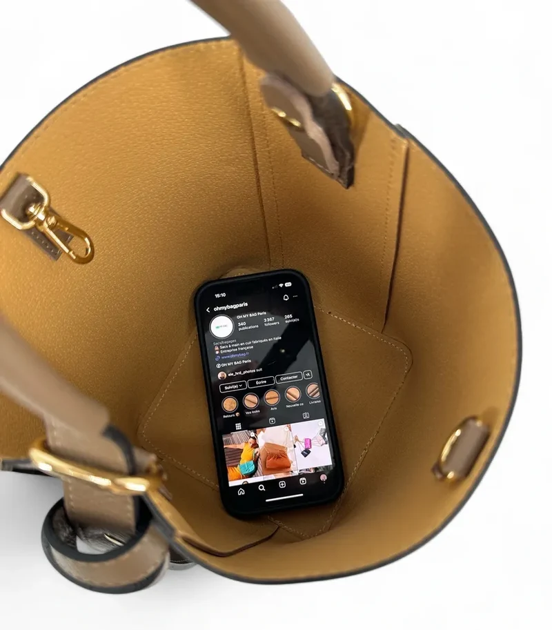 Sac seau et pochette en cuir grainé BIRDIE Taupe foncé
