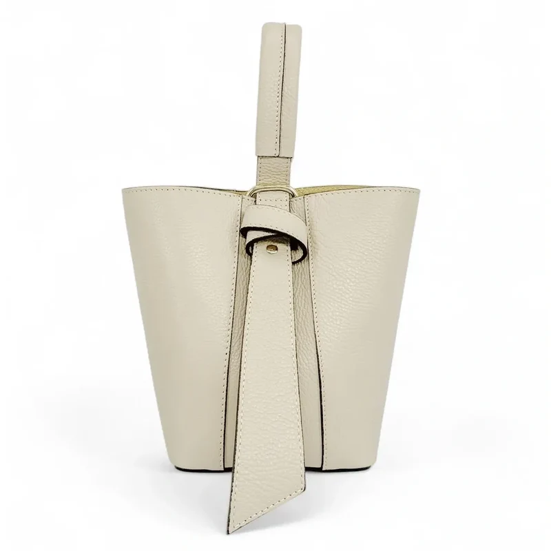 Sac seau et pochette en cuir grainé BIRDIE Taupe clair