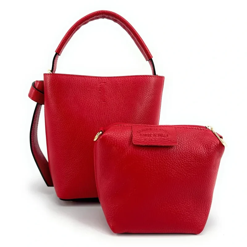Sac seau et pochette en cuir grainé BIRDIE Rouge garance