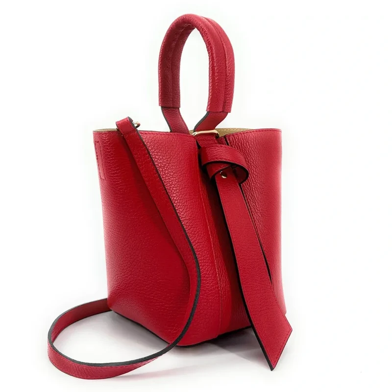 Sac seau et pochette en cuir grainé BIRDIE Rouge garance
