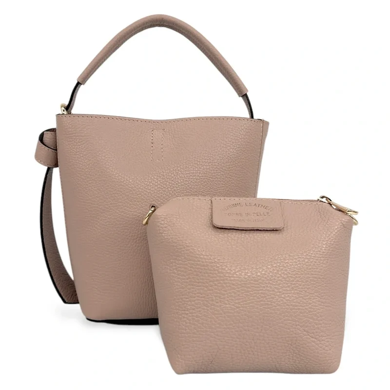 Sac seau et pochette en cuir grainé BIRDIE Rose nude