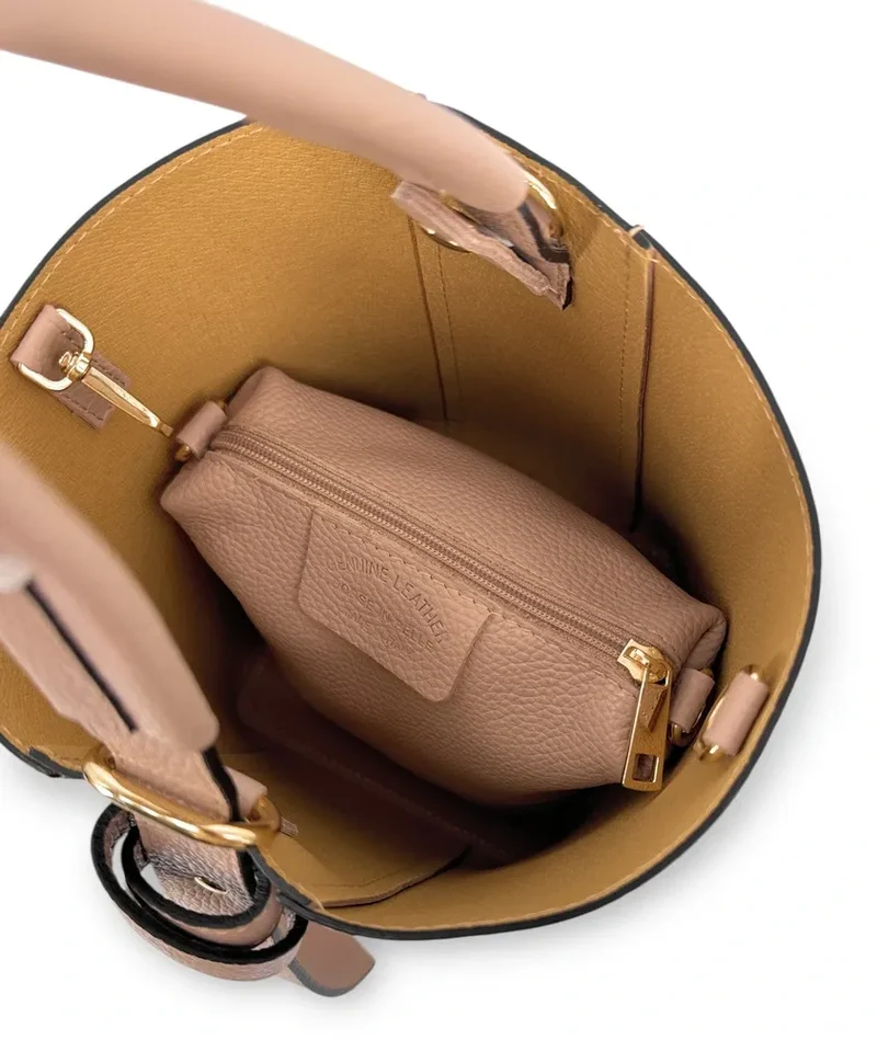 Sac seau et pochette en cuir grainé BIRDIE Rose nude