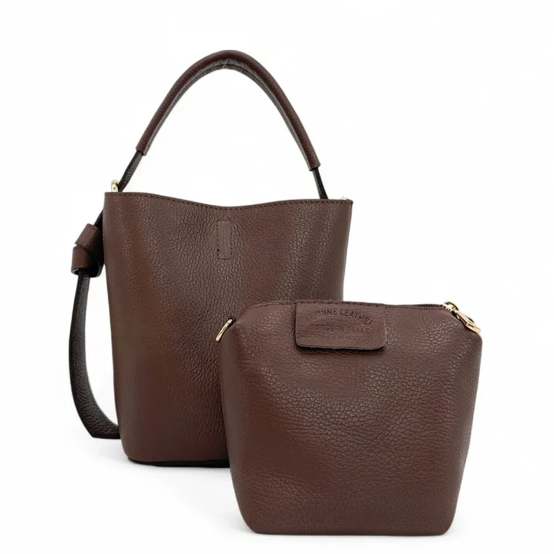 Sac seau et pochette en cuir grainé BIRDIE Chocolat