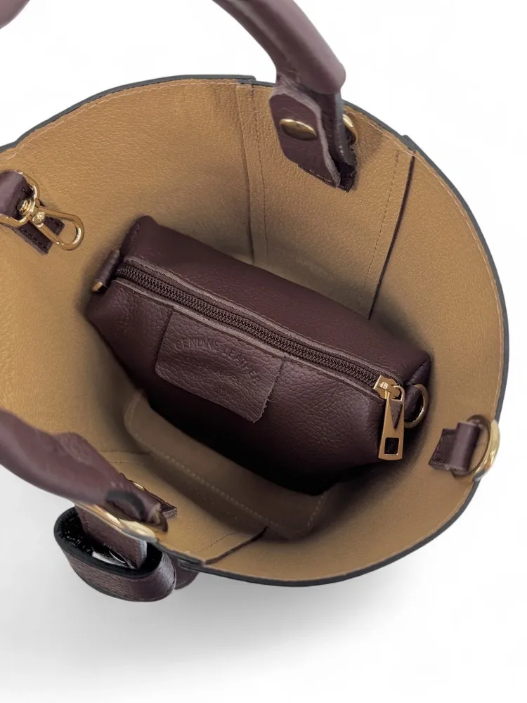 Sac seau et pochette en cuir grainé BIRDIE Chocolat