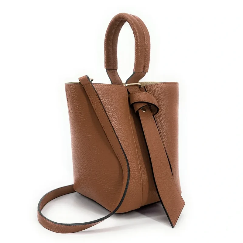 Sac seau et pochette en cuir grainé BIRDIE Camel foncé