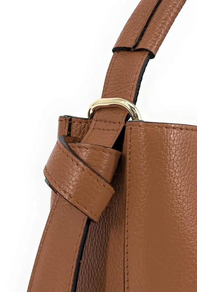 Sac seau et pochette en cuir grainé BIRDIE Camel foncé