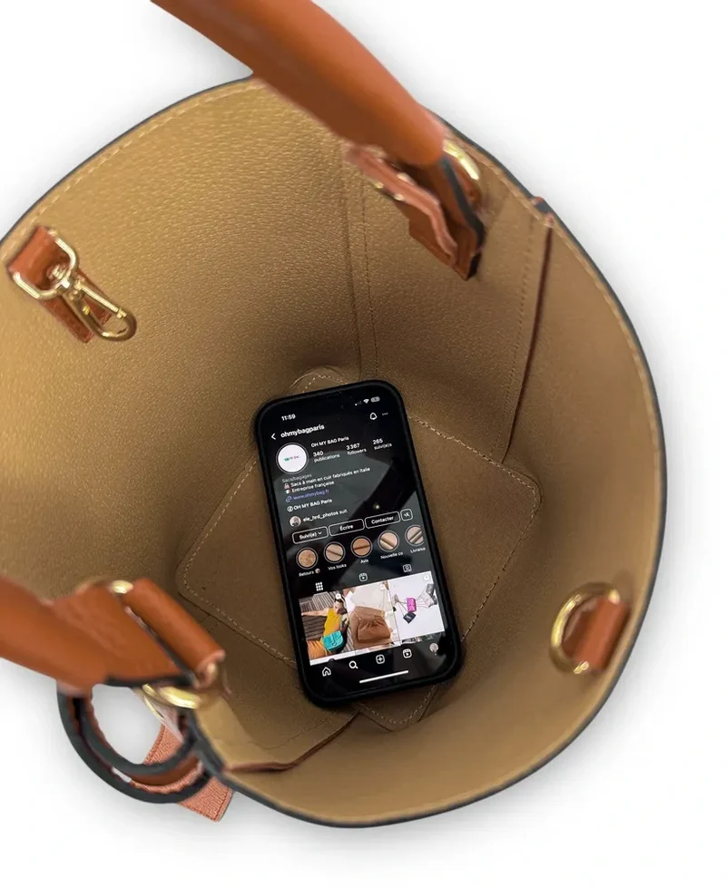 Sac seau et pochette en cuir grainé BIRDIE Camel foncé