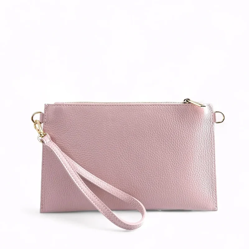 Ensemble sac pochette et porte-cartes en cuir grainé TWICE Rose pâle
