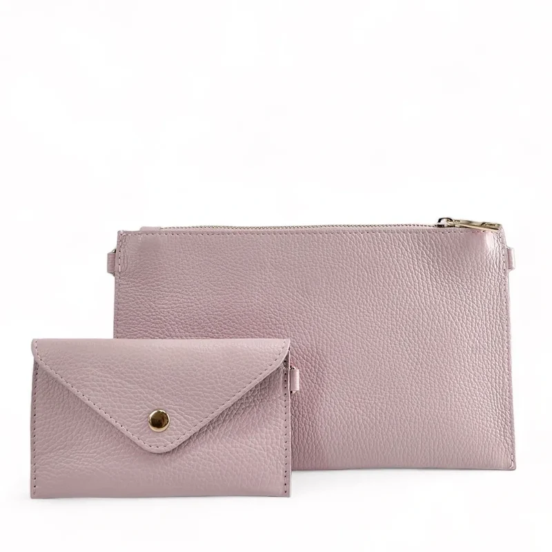 Ensemble sac pochette et porte-cartes en cuir grainé TWICE Rose pâle