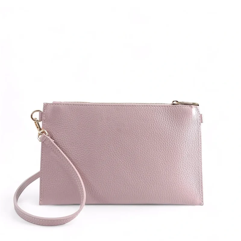 Ensemble sac pochette et porte-cartes en cuir grainé TWICE Rose pâle