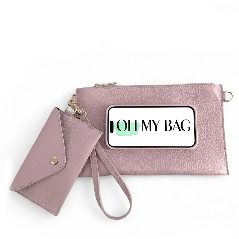 Ensemble sac pochette et porte-cartes en cuir grainé TWICE Rose pâle