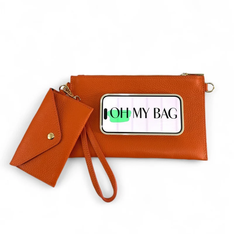 Ensemble sac pochette et porte-cartes en cuir grainé TWICE Orange