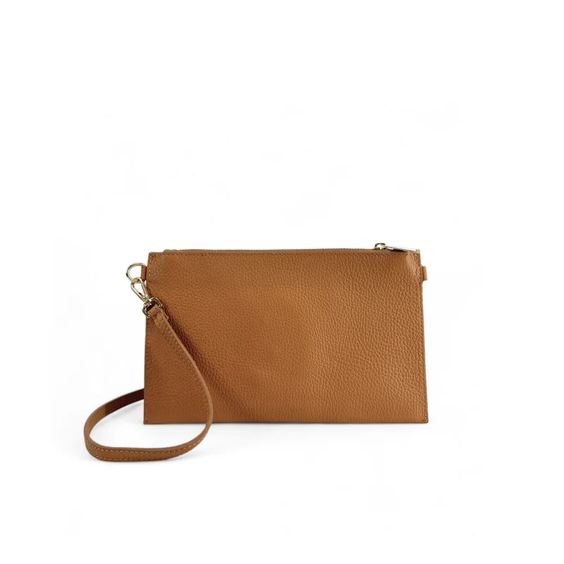 Ensemble sac pochette et porte-cartes en cuir grainé TWICE Camel