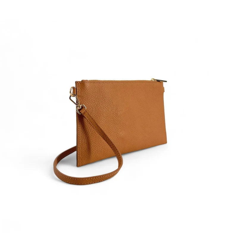 Ensemble sac pochette et porte-cartes en cuir grainé TWICE Camel