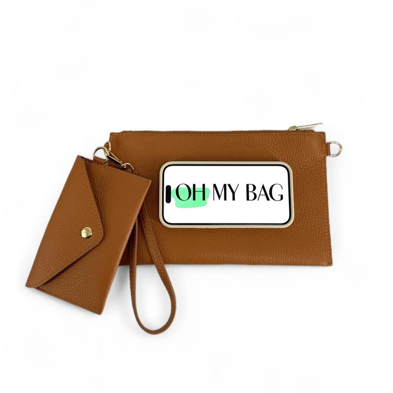 Ensemble sac pochette et porte-cartes en cuir grainé TWICE Camel