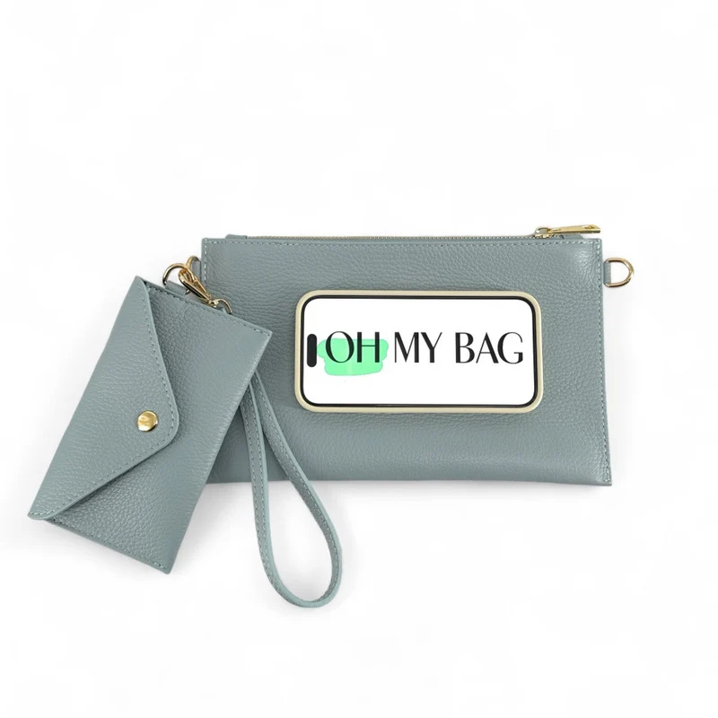 Ensemble sac pochette et porte-cartes en cuir grainé TWICE Bleu pastel