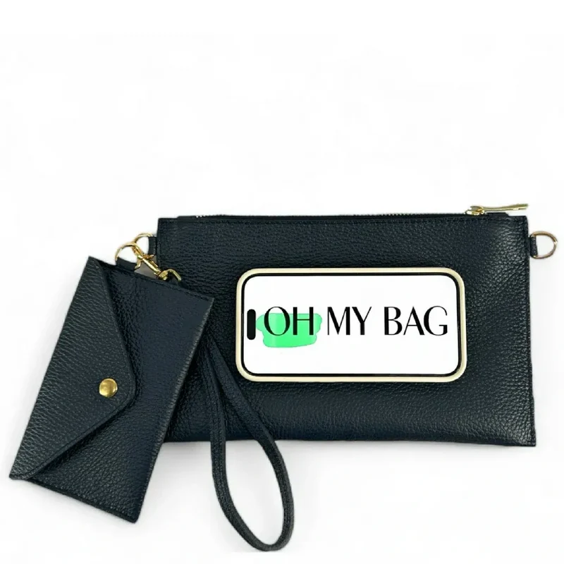 Ensemble sac pochette et porte-cartes en cuir grainé TWICE Bleu marine