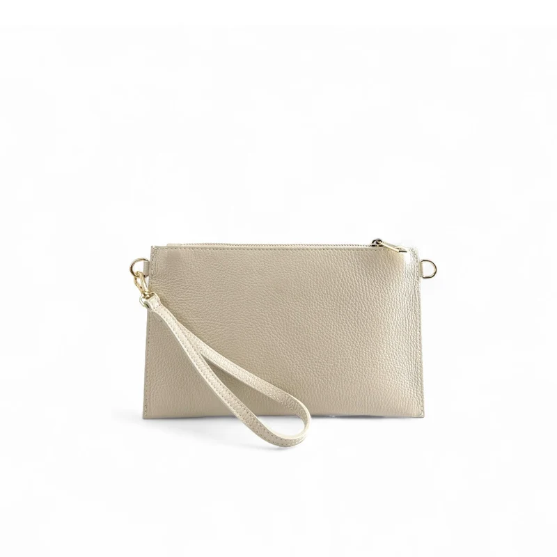 Ensemble sac pochette et porte-cartes en cuir grainé TWICE Beige crème