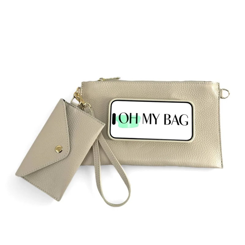 Ensemble sac pochette et porte-cartes en cuir grainé TWICE Beige crème