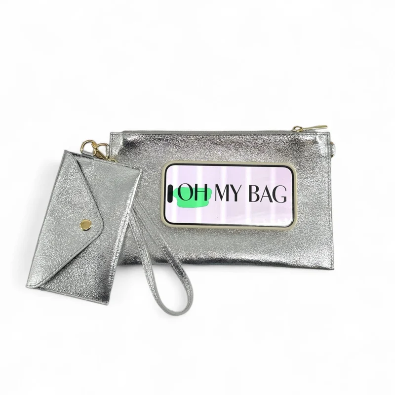 Ensemble sac pochette et porte-cartes en cuir irisé TWICE Argent moyen