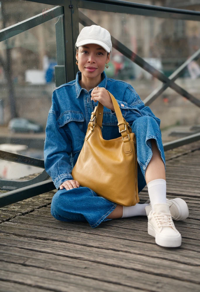 Sac porté épaule en cuir grainé CAMELIA Jaune tournesol
