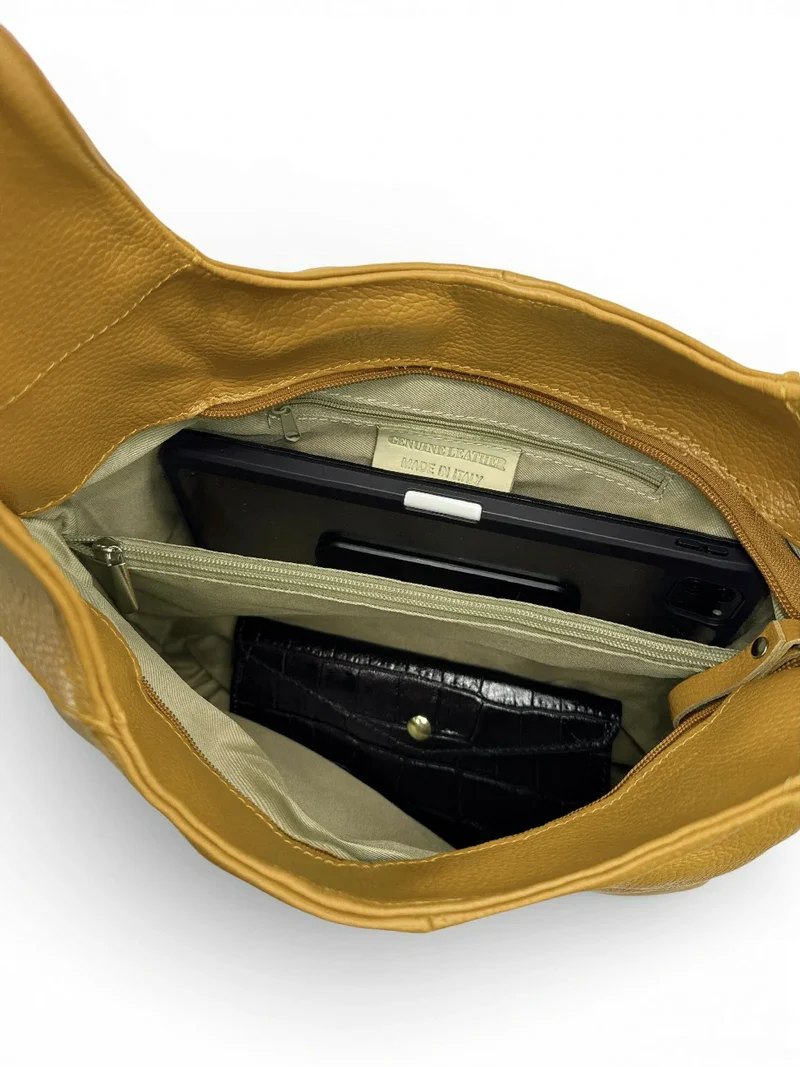 Sac HOBO en cuir grainé ELLEN Jaune Moutarde