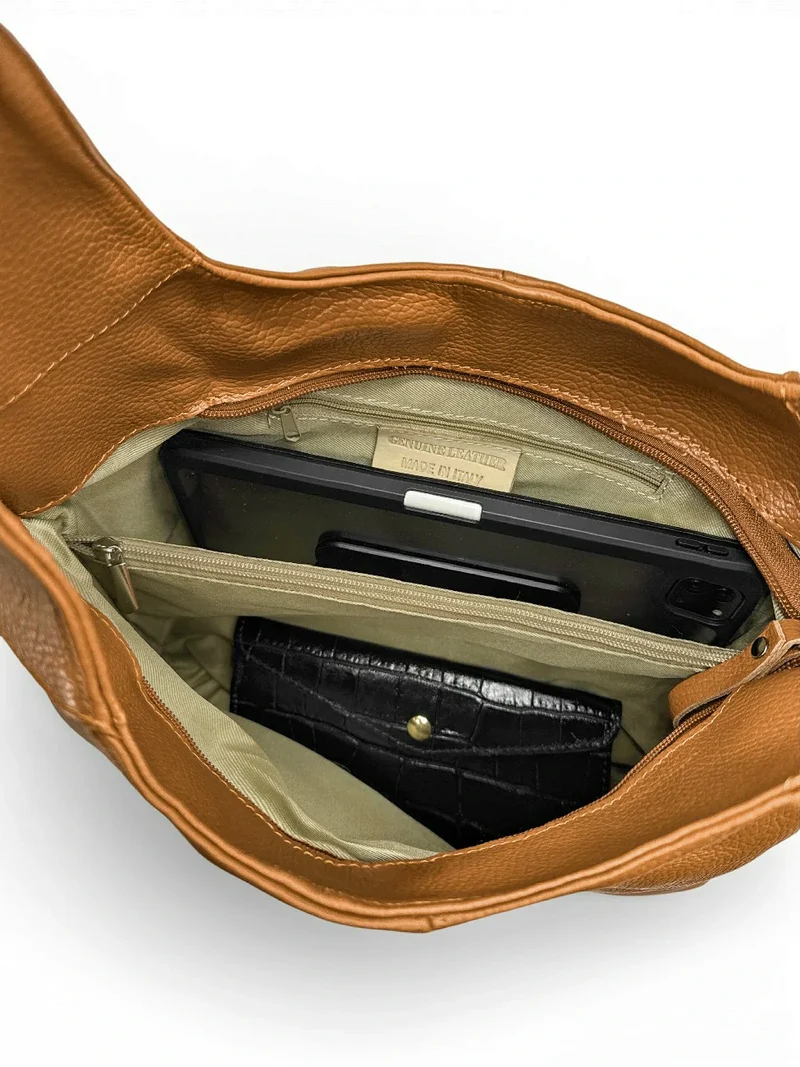 Sac HOBO en cuir grainé ELLEN Camel
