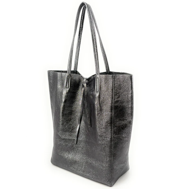 Sac cabas en cuir métallisé NICE Argent foncé