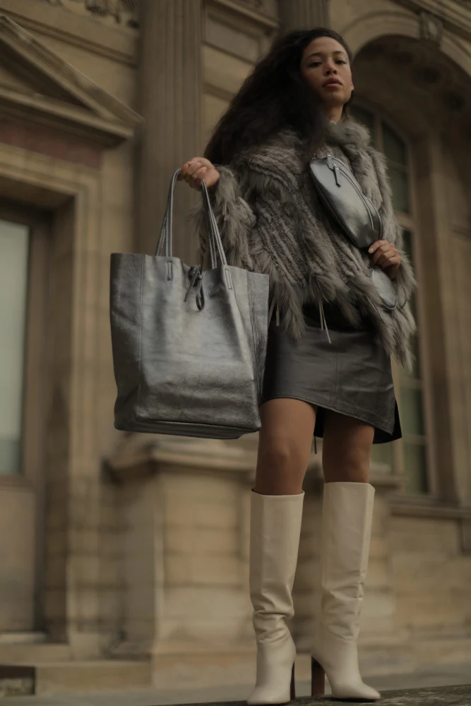 Sac cabas en cuir métallisé NICE Argent foncé
